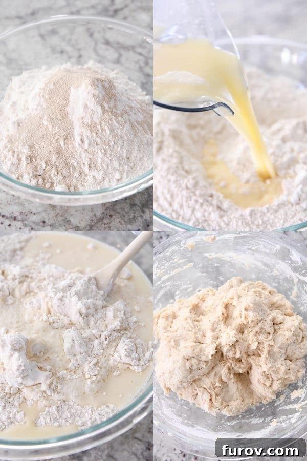 A sequence of images showing flour and yeast in a glass bowl, followed by the wet blender mixture being poured over, and finally, the soft, sticky dough after mixing.