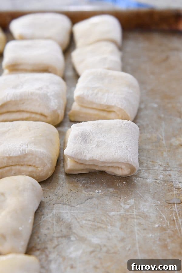 Neatly arranged, folded, unbaked rolls on a buttered sheet pan, awaiting their final rise.