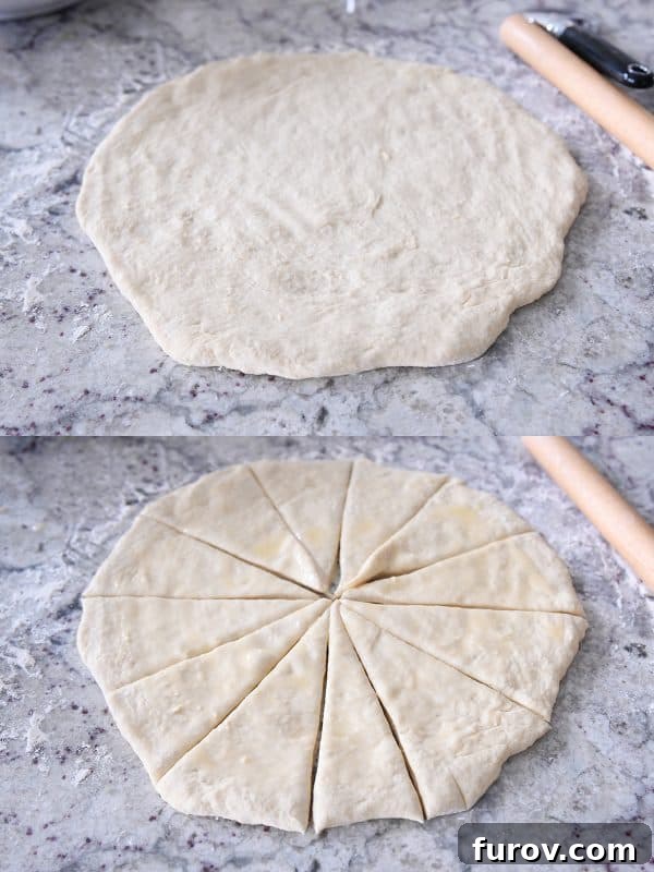 Dough being rolled into a circle and then precisely cut into 8 (should be 12 based on instructions) triangular pieces on a floured counter for crescent rolls.