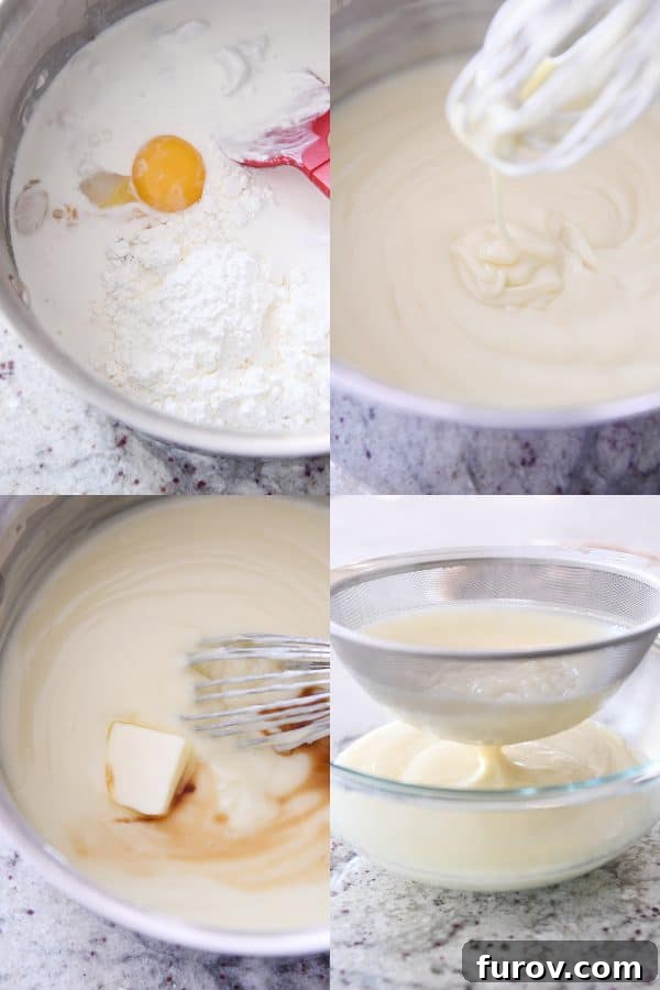 Homemade vanilla pudding being cooked on a stovetop, showing the smooth, thickening mixture.
