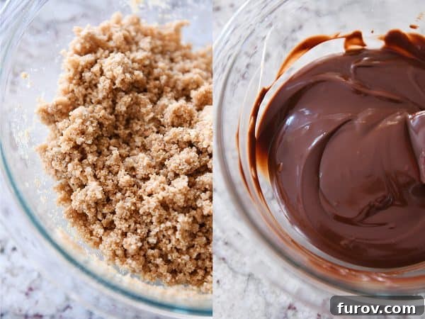 Separate bowls containing golden coconut graham cracker crumbs and rich, glossy chocolate ganache.