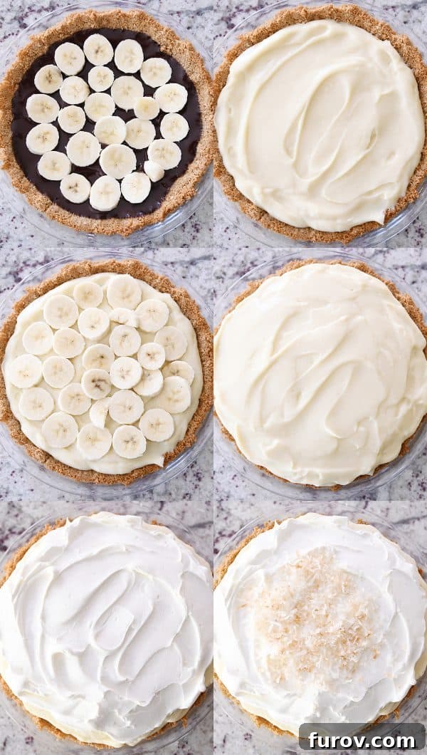 An in-progress assembly of Black Bottom Banana Coconut Cream Pie, showing banana slices on chocolate ganache, followed by vanilla pudding, ready for whipped cream and coconut.