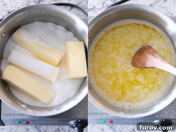 Butter and sugar melting in a heavy-bottom saucepan, the initial stage of toffee making.