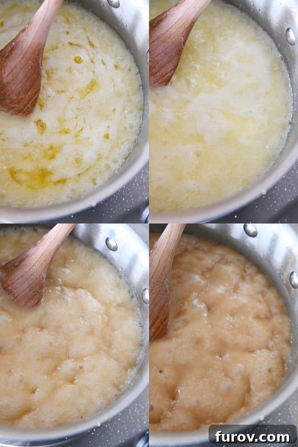 Four stages of homemade toffee cooking, showing the progression from melted butter and sugar to deep amber caramel.