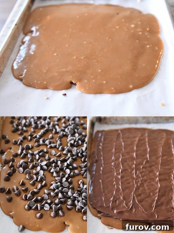 Homemade toffee with melted chocolate and nuts cooling on parchment-lined sheet pan.