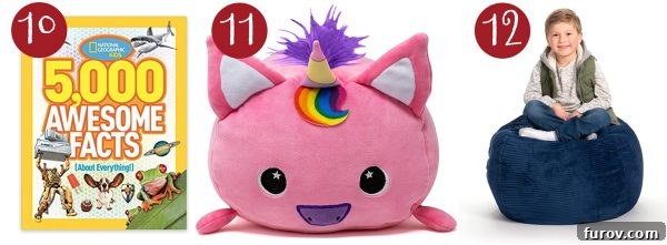 Unwrap Joy Mels Holiday Gifts for Kids and Teens 6 5000 Awesome Facts About Everything book, Moosh Moosh animal pillow, and stuffed animal bean bag chair storage
