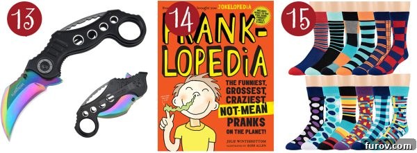 Unwrap Joy Mels Holiday Gifts for Kids and Teens 7 Albatross knife, Pranklopedia book, and colorful patterned dress socks for kids and teens