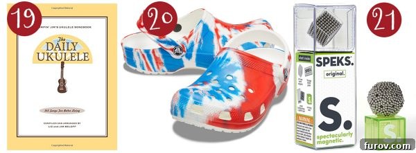 Unwrap Joy Mels Holiday Gifts for Kids and Teens 9 Daily Ukulele Play Book, colorful Crocs shoes, and magnetic Spek beads