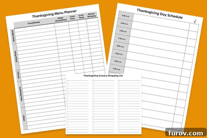 Orange background with white papers printed with Thanksgiving menu planner in black ink, featuring sections for menu items, cooking times, and make-ahead notes.