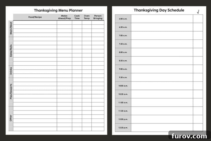 Black background with white paper and black text and a table with shaded background, detailing a Thanksgiving day schedule from morning to evening.