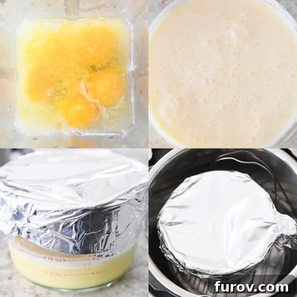 Bright and Zesty Instant Pot Lemon Curd 5 A sequence of four images showing the step-by-step preparation of easy instant pot lemon curd, from blending ingredients to setting it in the pressure cooker.