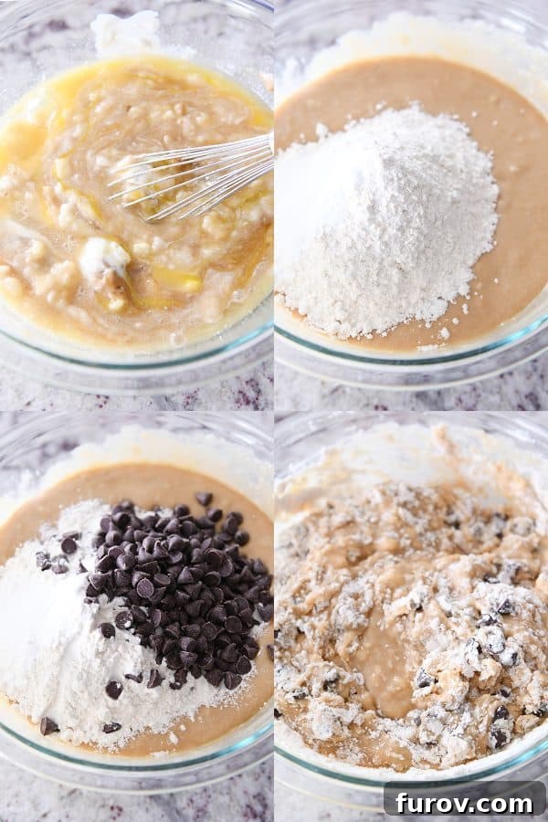 Mixing together batter for peanut butter banana bread with chocolate chips.
