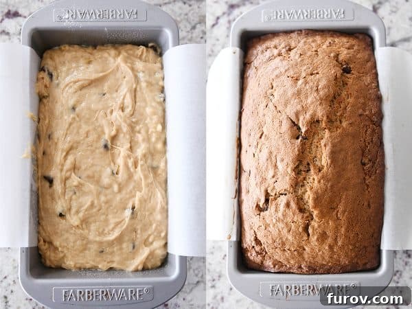 Loaf pan with banana bread batter; loaf pan with baked banana bread.