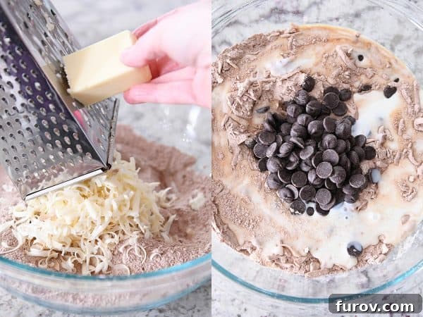 Grating cold butter into a bowl with flour and cocoa powder mixture.