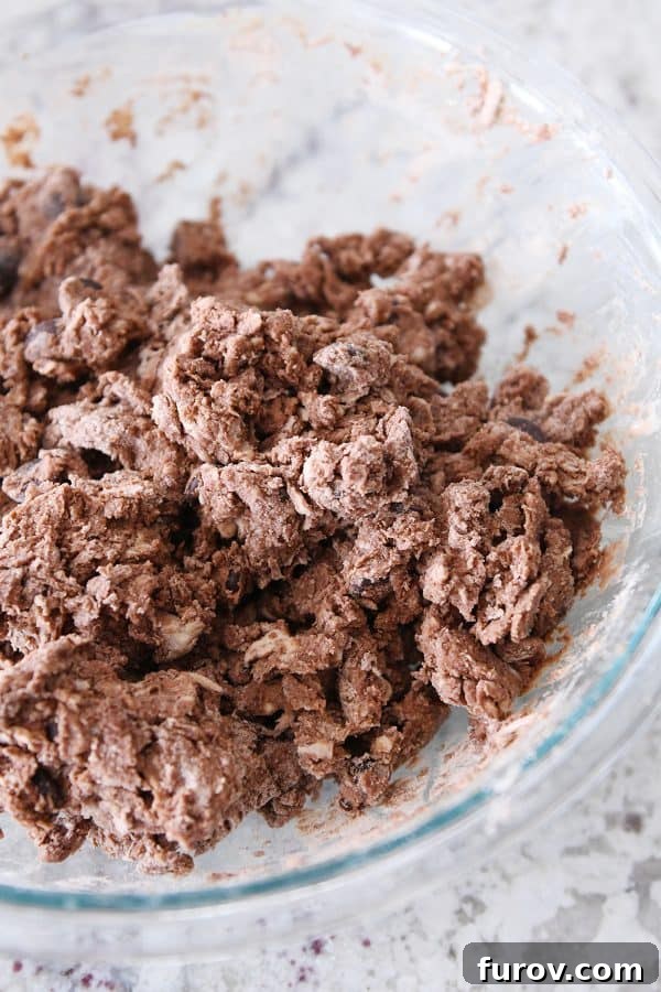 Mixed chocolate scone dough in a clear glass bowl, showing chocolate chips.