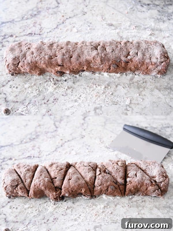 Shaping chocolate scone dough into a rectangle and cutting it into triangles.