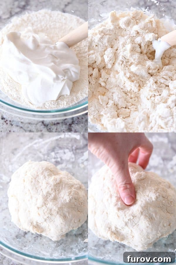 Step-by-step collage showing yogurt mixing into dry ingredients, forming dough, and testing dough consistency.
