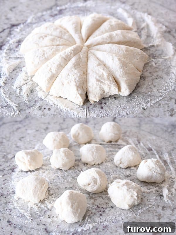 Image showing a ball of flatbread dough being cut into triangles, then rolled into 12 smaller balls.