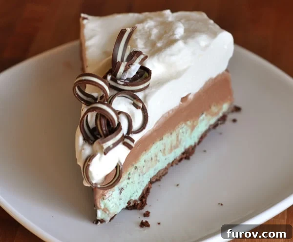 A perfectly sliced Grasshopper Ice Cream Pie, revealing layers of creamy mint and rich chocolate ice cream on a dark cookie crust, topped with generous whipped cream and delicate chocolate curls.