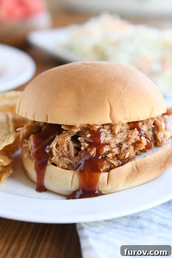 Classic BBQ pulled pork sandwich served on a soft bun on a white plate, ready to be enjoyed.