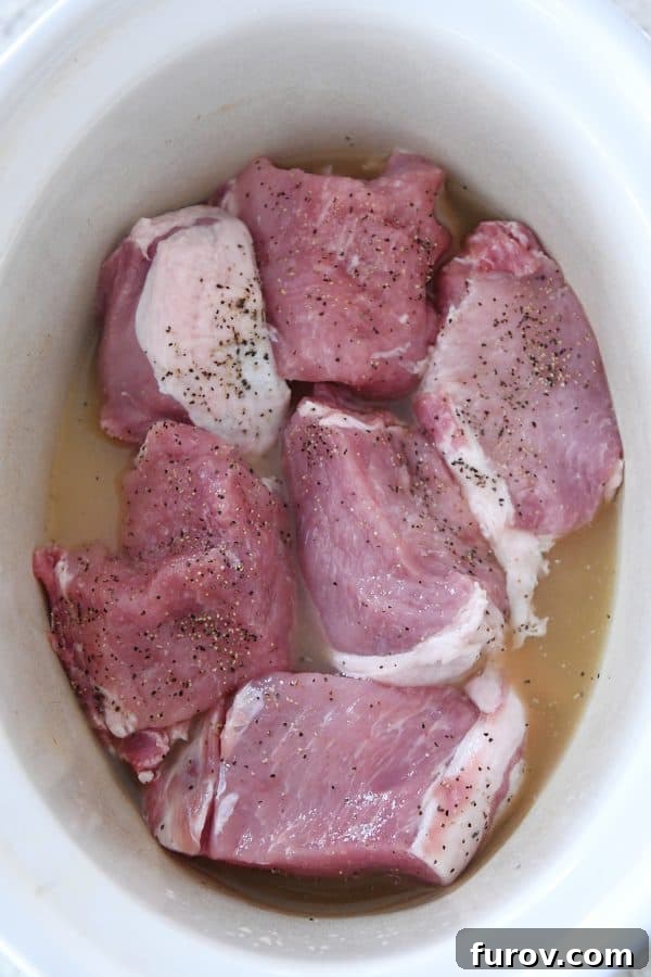 An uncooked pork roast, seasoned and ready for slow cooking, nestled inside a slow cooker pot.