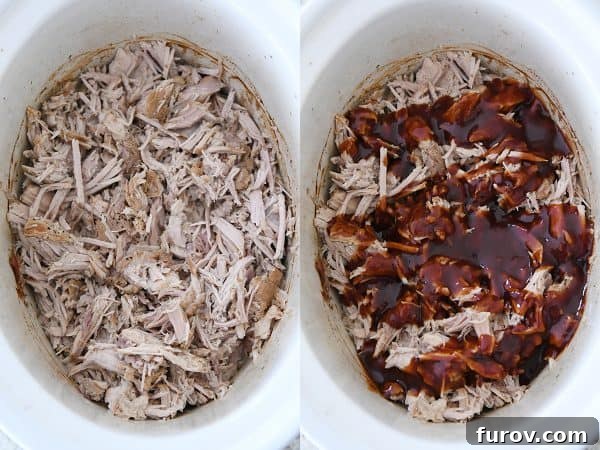 Perfectly shredded pork, mixed with rich BBQ sauce, simmering in a slow cooker.