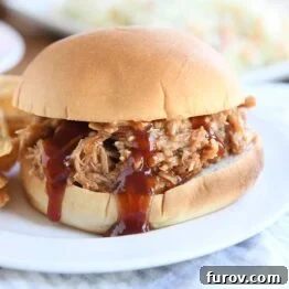 Classic BBQ pulled pork sandwich on a bun, served on a white plate