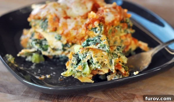 A perfectly portioned slice of vibrant veggie lasagna on a black plate, showcasing layers of pasta, rich sauce, and colorful vegetables.