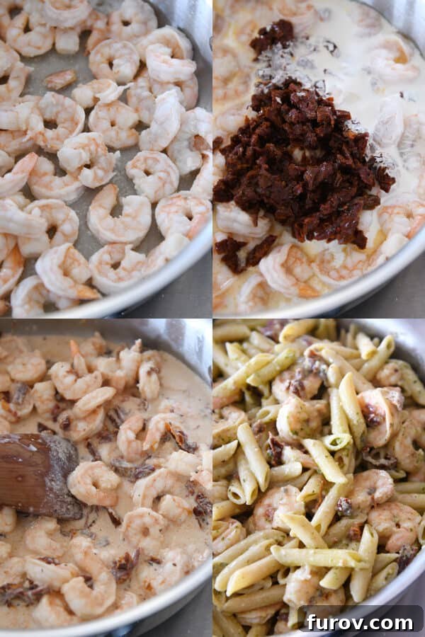 Vibrant Pesto Shrimp Pasta with Sun Kissed Tomatoes 4 Step-by-step photos illustrating how to make easy shrimp pesto pasta, from cooking shrimp to combining ingredients.