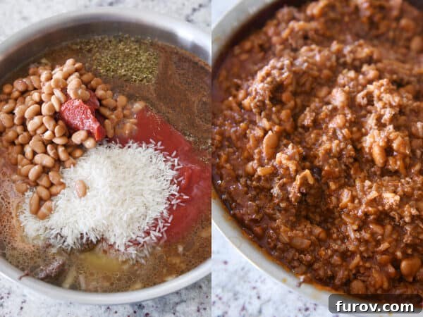 Elevated Taco Bowls with Zesty Creamy Lime Dressing Stovetop or Slow Cooker 4 A skillet filled with the base ingredients for floating taco bowls, including pinto beans, uncooked rice, rich tomato paste, savory broth, tomato sauce, and a blend of vibrant seasonings, ready to simmer.