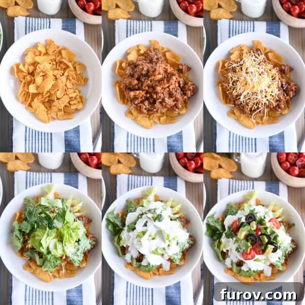 Elevated Taco Bowls with Zesty Creamy Lime Dressing Stovetop or Slow Cooker 6 A visual guide depicting the step-by-step layering process for Floating Taco Bowls, showcasing chips, taco meat, cheese, lettuce, and fresh toppings.