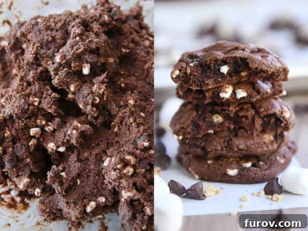 Dough for chocolate s'mores cookies side by side with stack of four cookies.