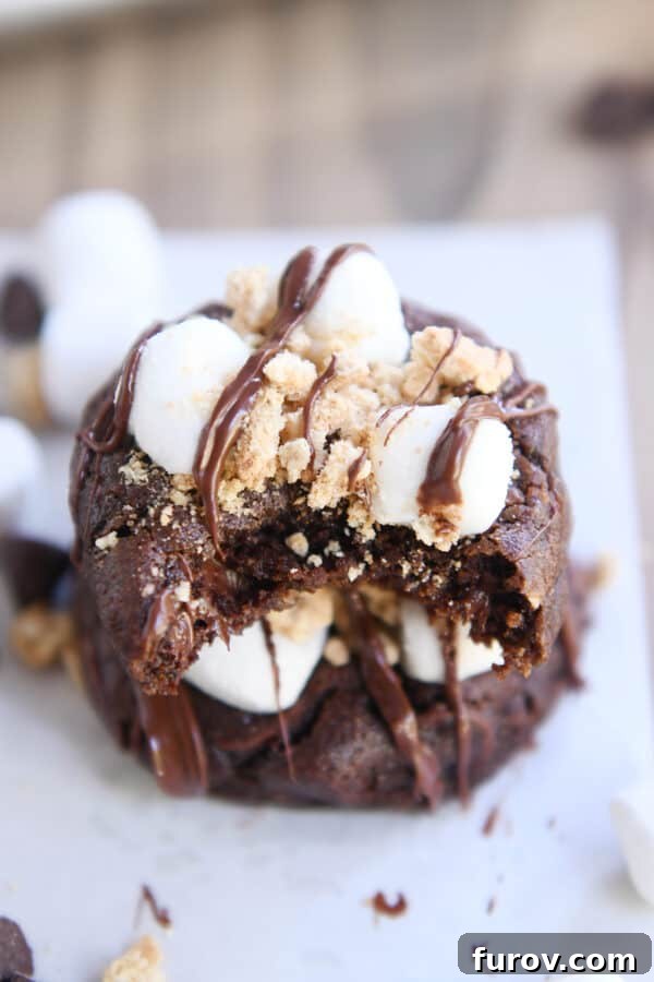 Chocolate s'mores cookie with bite taken out on top of whole chocolate s'mores cookie.