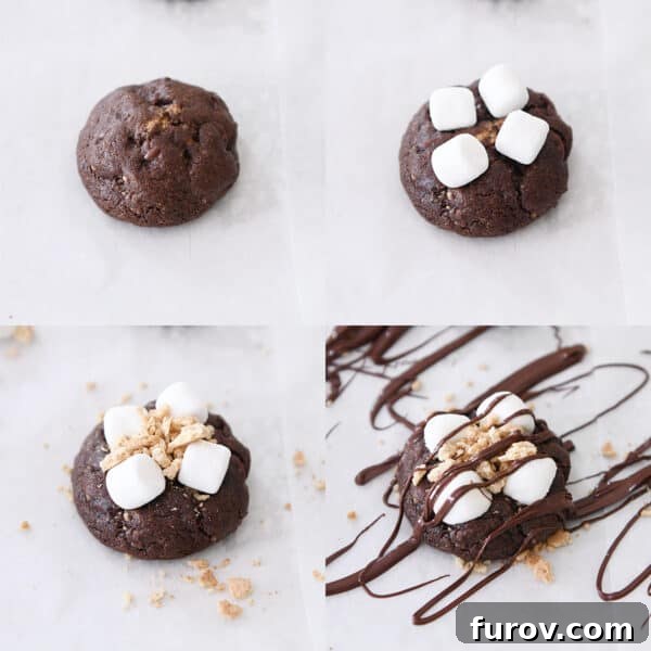 Baked cookie, baked cookie with four mini marshmallows, baked cookie with marshmallows and graham cracker crumbs, baked cookie with chocolate drizzle.