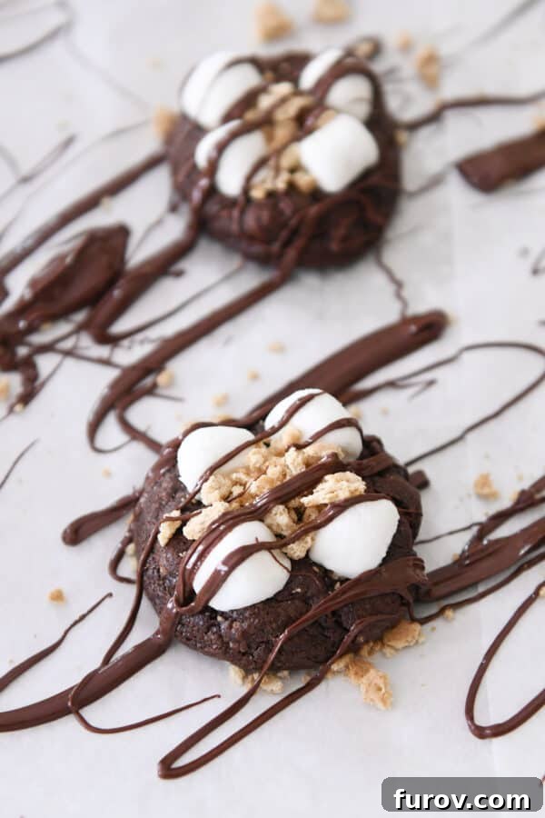 Chocolate s'mores cookie on parchment drizzled with chocolate.