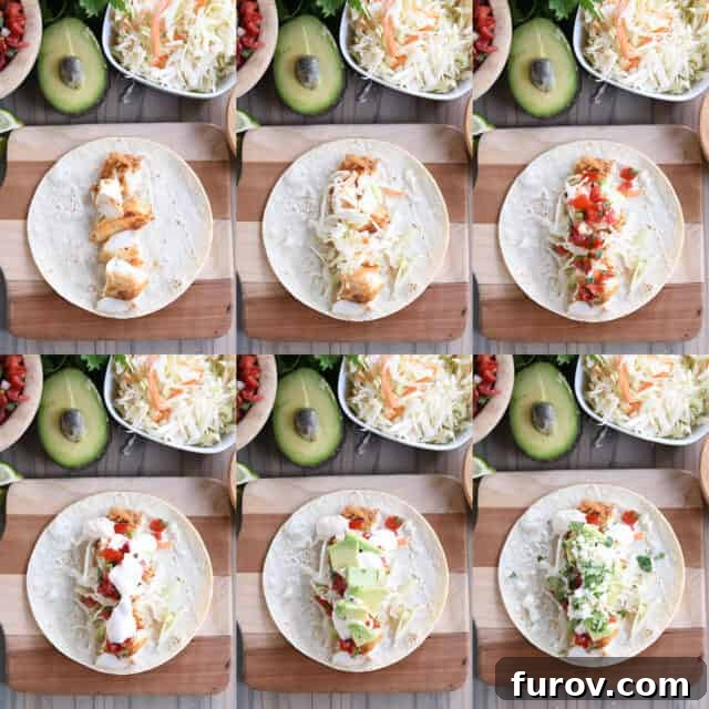 Assembling fish tacos on wood cutting board.
