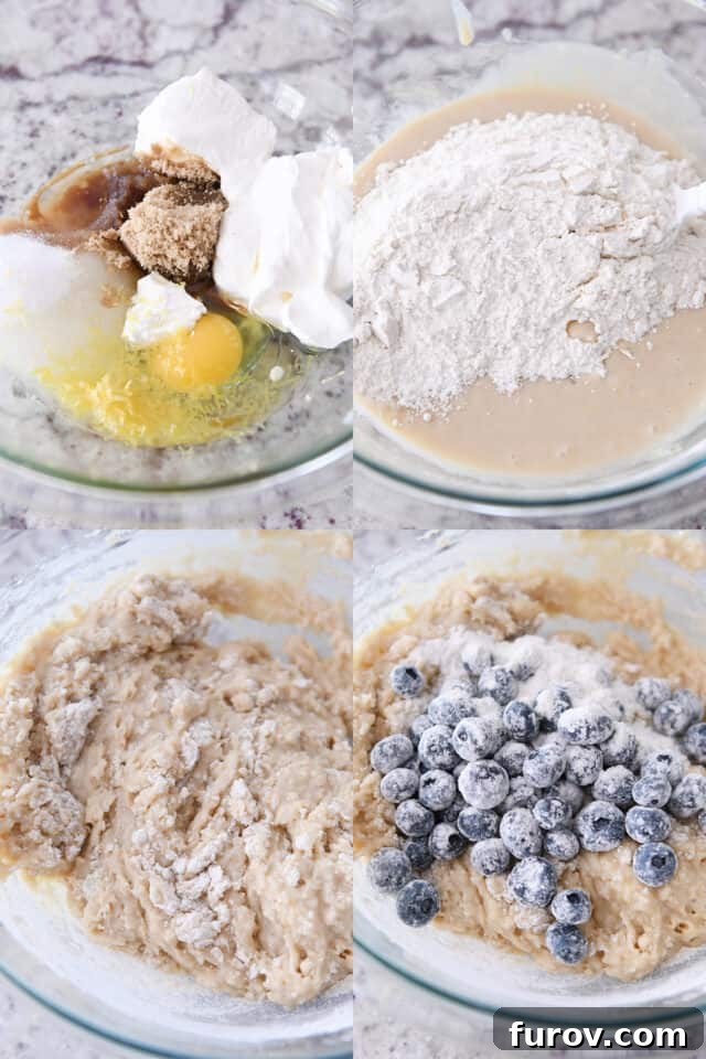 Step-by-step collage of assembling ingredients for blueberry muffin bread, illustrating the mixing process.