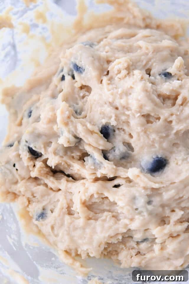 Smooth and creamy batter in a glass bowl, ready for the blueberries.