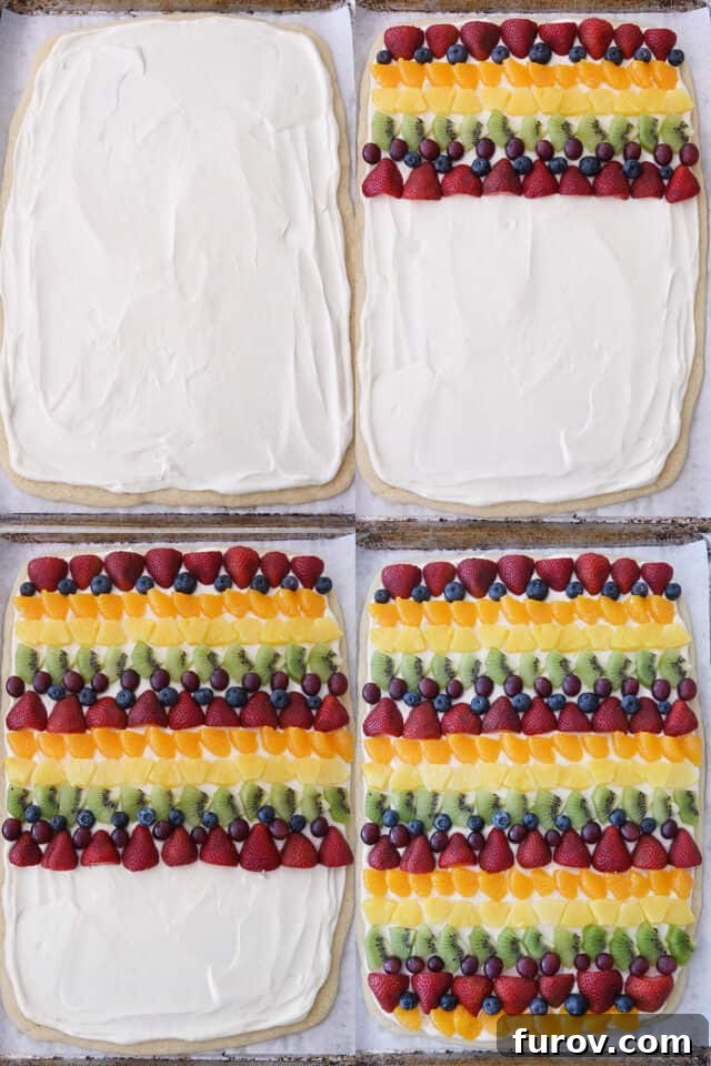 Assembling rows of fresh fruit on fruit pizza crust.