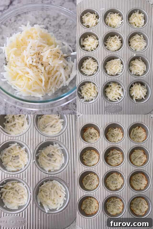 Two sequential images: one showing shredded hash browns being mixed with melted butter, and the other depicting the hash brown mixture being pressed firmly into the bottom of a muffin tin.