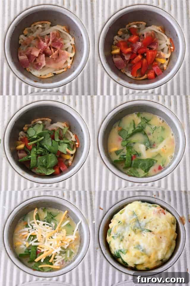 A series of close-up images showing the preparation of hash brown veggie egg cups: adding cooked bacon, diced peppers, and spinach to hash brown crusts in a muffin tin, then pouring in whisked eggs and sprinkling with shredded cheese, followed by a final shot of the puffed, baked egg cups in the tin.