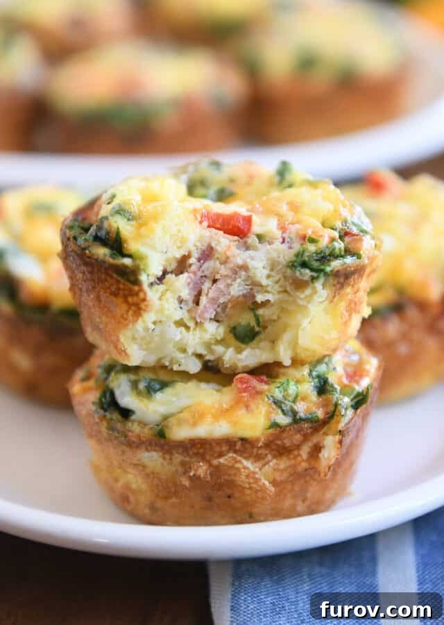 Two hash brown veggie egg cups stacked one on top of the other, with a bite taken out of the top egg cup, revealing its fluffy interior.