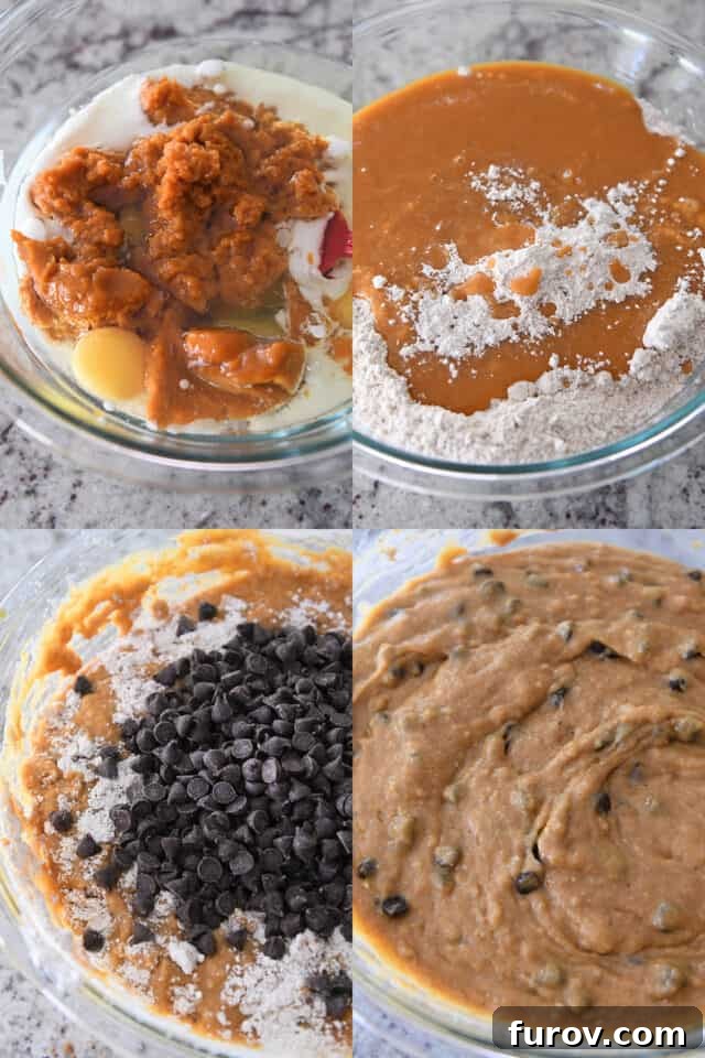 Bowl with pumpkin, eggs, milk; bowl with pumpkin batter and chocolate chips.