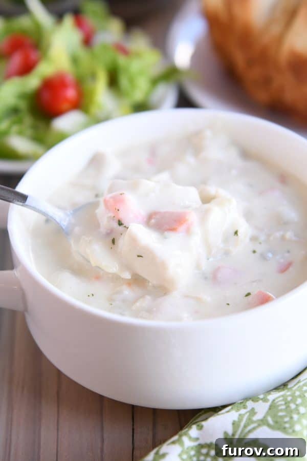 Scooping spoonful out of cream cheese chicken vegetable soup in white bowl.