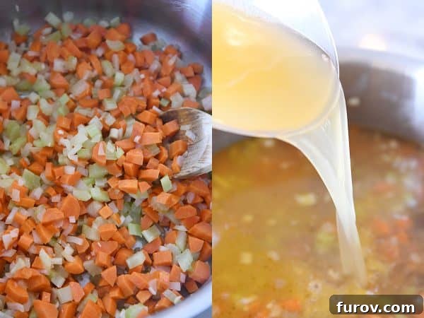 Pouring broth into vegetables for cream cheese chicken vegetable soup.
