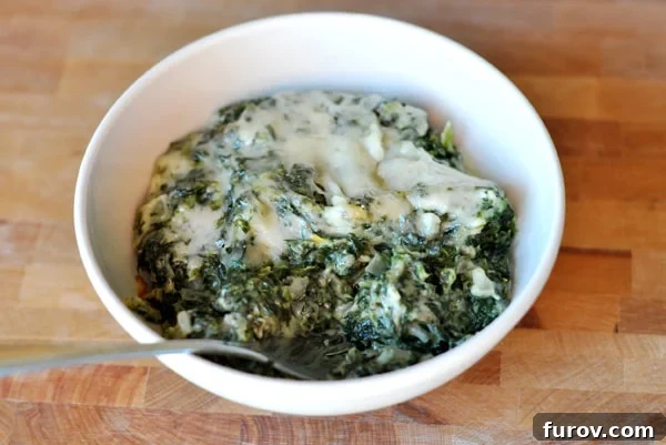 A white bowl brimming with creamy, golden-brown spinach gratin, a serving spoon nestled within its rich depths.