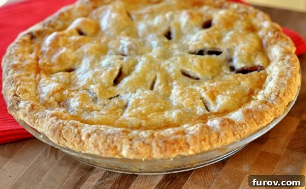 Top view of a freshly baked sweet cherry pie with a golden brown, lattice-patterned crust.
