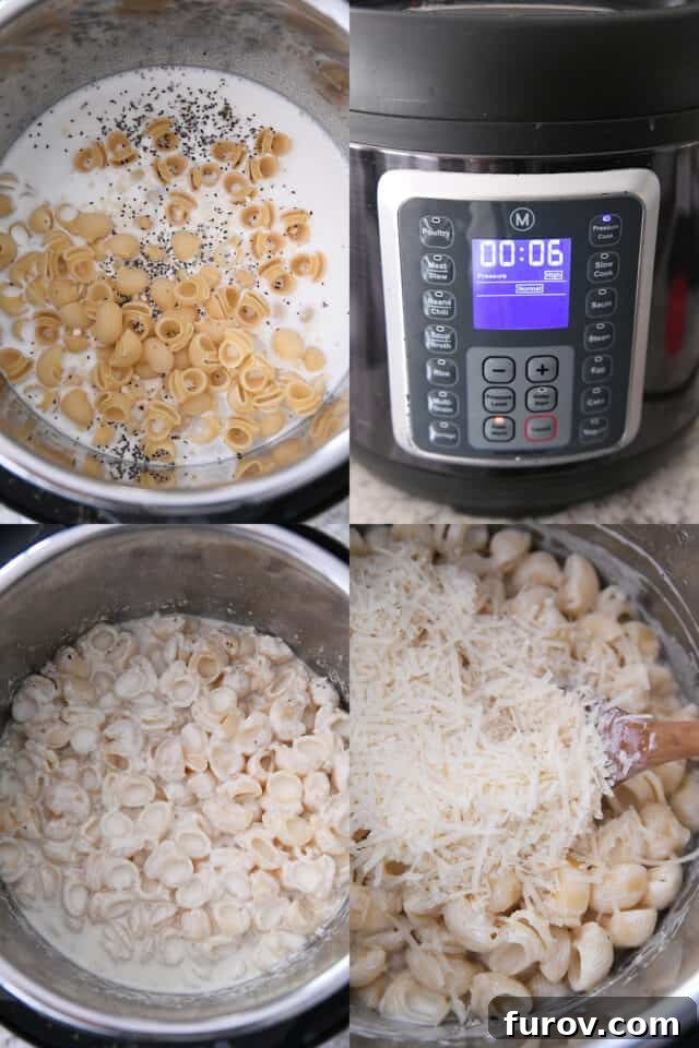 Adding pasta shells to milk in a pressure cooker, then setting the timer to six minutes. Subsequently, cooked pasta is shown inside the pressure cooker, followed by the addition of parmesan cheese.