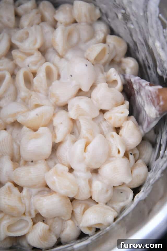 Pasta shells enveloped in creamy alfredo sauce, resting invitingly within the insert of an electric pressure cooker.