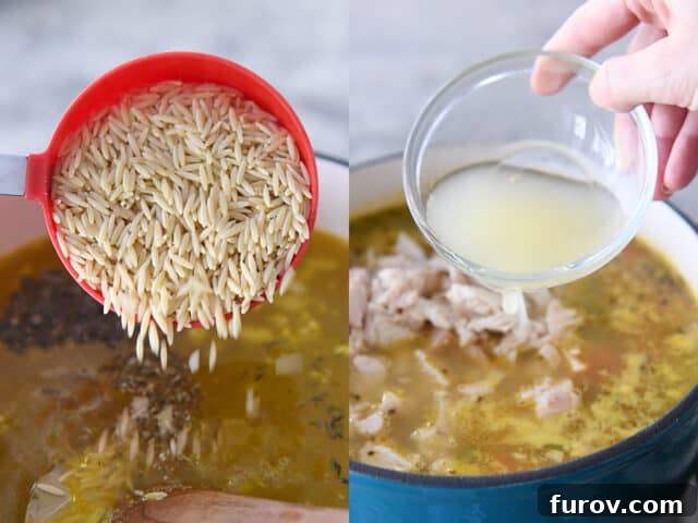 Sunshine Lemon Chicken Orzo Soup 4 Orzo pasta and fresh lemon juice being added to the simmering soup pot, enhancing flavor and texture.